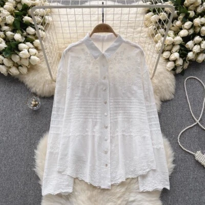 Mujeres Camisa de Encaje Étnico Sólido Floral Bordado Blusa Manga Larga Top Oficina Foto 1 de 4