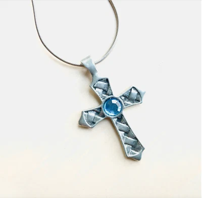 Christian cross necklace religious Bob Siemon Designs bsd catholic stamped blue - Image 1 of 4
