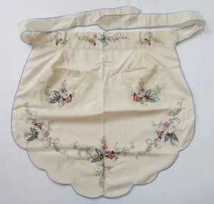 Vtg Half Waist Apron White Handmade Embroidered Butterflies Flowers - Picture 1 of 6