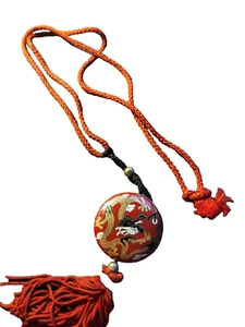 Vintage Cloisonne double sided Puff Pendant w/Dragons, all Silk - Picture 1 of 1