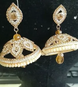 Elegant Indian Gold Clear Pearls two Tone Earring Set Bridal Wedding Party - Picture 1 of 4