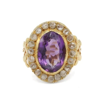 Ring mit Amethyst und 20 Diamantrosen 18 Kt. 750 Gold antik Gr. 57 Sammlerstück - Bild 1 von 4