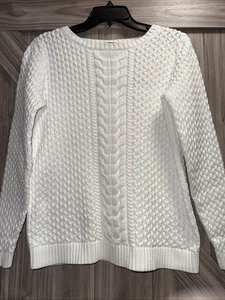 Lands End Drifter White Cotton Cable Knit Sweater Medium-Tall Women Nautical - Picture 1 of 11