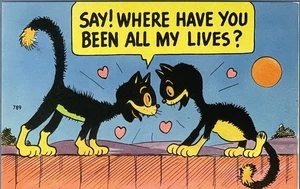 1950s Vintage Novelty Postcard Tuxedo Cats Where Have You Been All My Lives - Picture 1 of 4