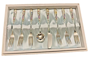 Boxed 8 Piece Grosvenor Silver Plated & Enamel Dessert Service - Season Flowers - Picture 1 of 5