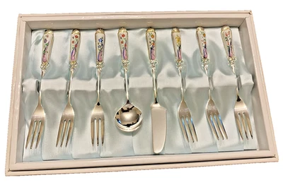 Boxed 8 Piece Grosvenor Silver Plated & Enamel Dessert Service - Season Flowers - image 1 of 4