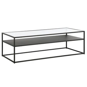 54" Black Glass And Steel Coffee Table With Shelf - Picture 1 of 9