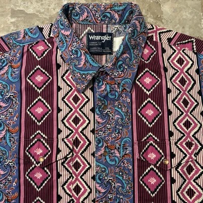 Vintage Wrangler Shirt Mens 17.5 Paisley Aztec Vertical Stripes Long Tail Snap - Image 1 of 4