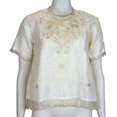 Blusa Kimono Vintage Filipina Top Bordado Barong Para Mujer Pequeña Foto 1 de 4