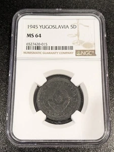 1945 MS64 Yugoslavia Zinc 5 Dinara NGC KM 28 - Picture 1 of 2