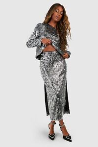 Boohoo Premium Black Silver Sequin Stripe Split Side Midaxi Skirt BNWT B42