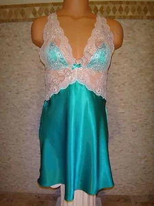 NWT Victoria's Secret M Babydoll Chemise Slip, Green Satin, White Lace, Very Sex - Picture 1 of 9