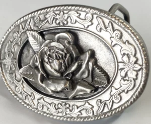 Vtg 1985 Siskiyou Belt Buckle Silver Tone With Rose 1 3/4" Tall x  2 1/2" Length - Picture 1 of 17