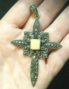 CIONDOLO CROCIFISSO PIETRA DI LUNA STERLING E MARCASITE VINTAGE MOLTO GRANDE 3"L 15,95G - Foto 1 di 6