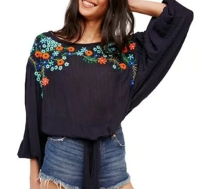 Free People Up and Away Relaxed Fit Tie Front Dolman Sleeve Embroidered Top Med - Picture 1 of 7