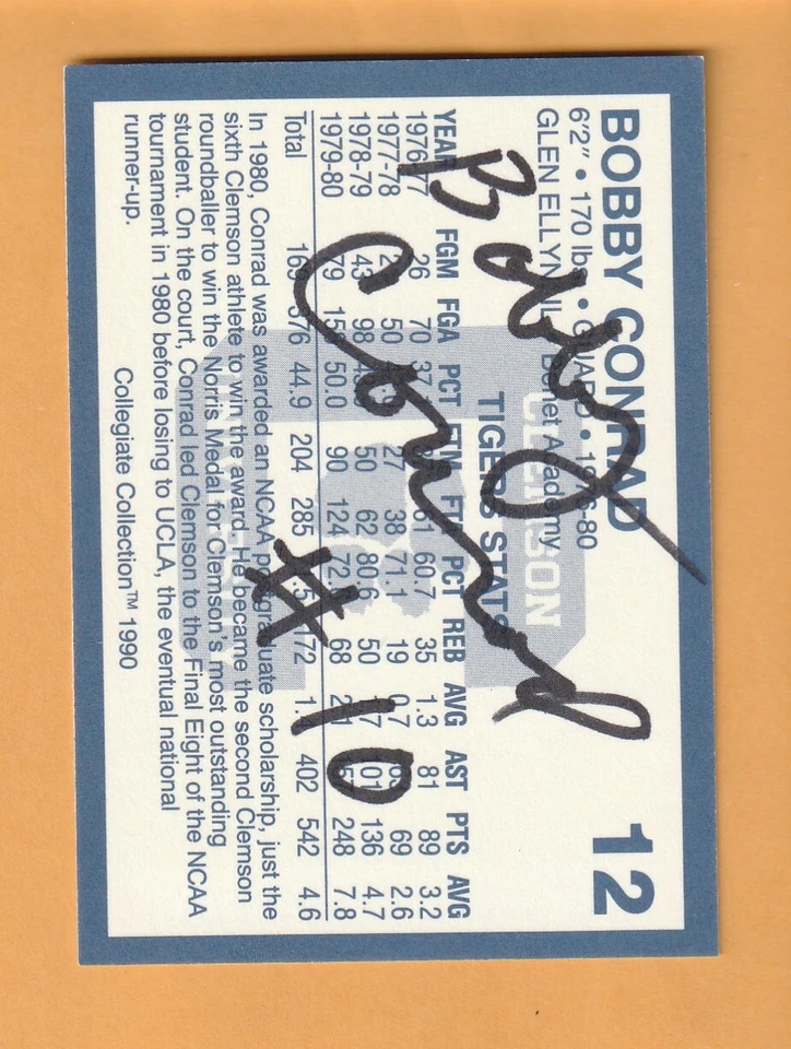 Bobby Conrad Clemson Tigers AUTO Signed 1990 Card Glen Ellyn Illinois 9U - Image 1 of 2