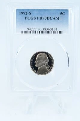 1992-S PCGS PR70DCAM Jefferson Nickel Proof 5C - Image 1 of 2