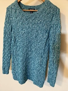 Lands End Sweater Womens L  DRIFTER Cable Knit Blue GreenPullover Cotton Coastal - Picture 1 of 7