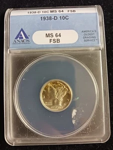 1938-D Mercury Dime MS64 FSB ANACS - Picture 1 of 4