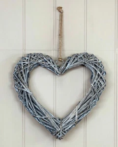 Grey Wicker Rattan Woven Hanging Heart  Shabby Chic Home Decor 10 20 30 50 cms - Picture 1 of 6