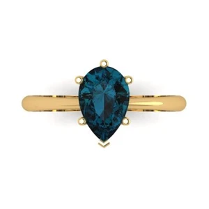 14K Yellow Gold Solitaire Engagement Ring, 1.5 ctw Natural London Blue Topaz - Picture 1 of 11