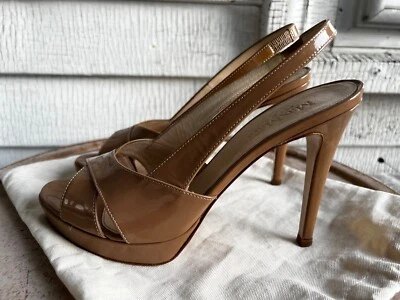 MAX MARA SANDALIAS DE TACÓN DE AGUJA DE CHAROL NUDE HONDA TRASERA 37.5 US 7.5 Foto 1 de 4