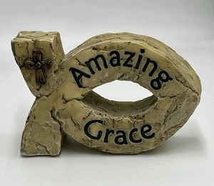Erstaunliche Gnade christlicher Glaube Fisch Symbol Kunststein mit Kreuz Ichthys - Bild 1 von 10