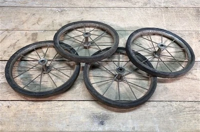 4 Vintage Metal Spoke Baby Buggy Wheels Pedal Car Garden Cart Pumpkin Wagon A46, - Image 1 of 4