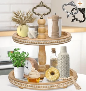 2 Tiered Tray Wooden Serving Stand by . Small Beaded Tray for Home Decor Disp... - Picture 1 of 9