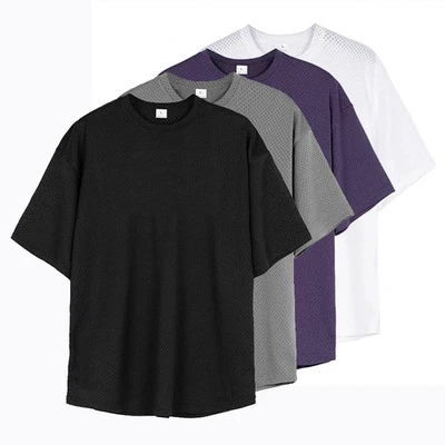Plain Oversized Running T-Shirts Mens Summer Mesh Quick Dry Loose Fitness Half S - Image 1 of 4