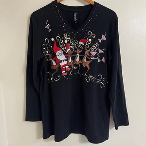 Berek Navidad Camisa Grande Manga Larga Santa Reno Cócteles Lentejuelas - Imagen 1 de 1