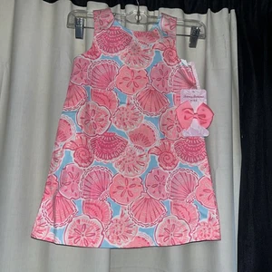 Abito estivo Tommy Bahama bambina 4 smanicato cotone rosa blu conchiglia + fiocco capelli - Foto 1 di 2