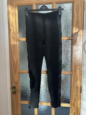 Women’s Black Leggings with Lace Stripe UK10  - Image 1 of 4