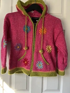 Knit Gnome Hood Zip Sweater wool blend 8 Pink floral Hand Knit Invisible World - Picture 1 of 10