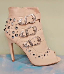 CLEARANCE Beige Studded Western Buckle Stiletto Peep Toe Ankle Boots - Picture 1 of 4