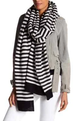 Rebecca Minkoff Scarf Wrap Shawl 112 X 22" Striped Knit Blanket Cream Black Gray - Image 1 of 2