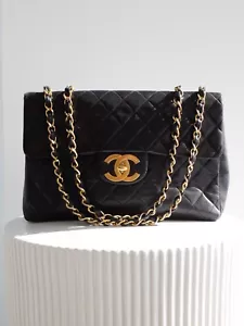 Chanel Vintage Black 24K Gold Quilted Lambskin Jumbo XL Maxi Classic Flap Bag - Picture 1 of 24