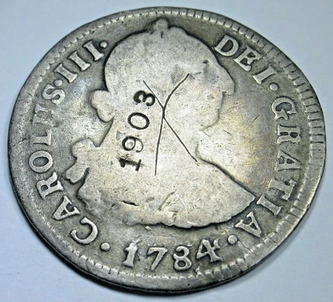1784 Spanish Peru Silver 2 Reales Antique 1903 Counterstamp Colonial Coin Cover