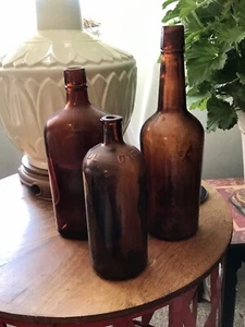 Vintage Amber Glass Bottles Set Of 3 - Picture 1 of 11