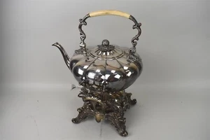 Antique Spirit Kettle Tilting Teapot Warmer Stand Silver plate Perseverando Elk - Picture 1 of 14
