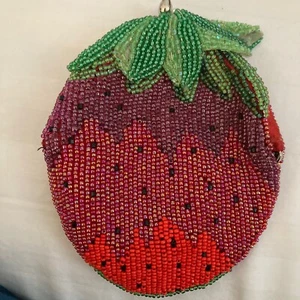 DeLill Strawberry Coin Purse Bag Vintage Japan Beaded Kiss Clasp Micro Bead - Picture 1 of 12