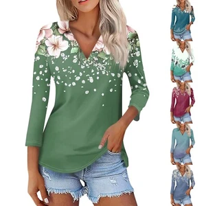 Women's Summer Fashion Casual Print V-Neck Three Quarter Sleeve Shirt Top - Picture 1 of 30
