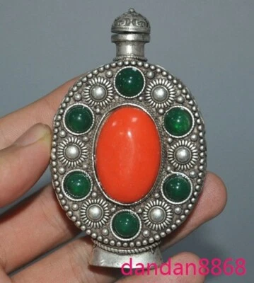 3.2" Antiguo China Tibetano Plata Incrustación Gema Medicina Tanque de Almacenamiento Botella de Tabaco Olla Foto 1 de 4
