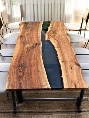 Black Epoxy Resin Dining Table Top Acacia Wooden Made to Order with Iron Stand - Image 1 of 4