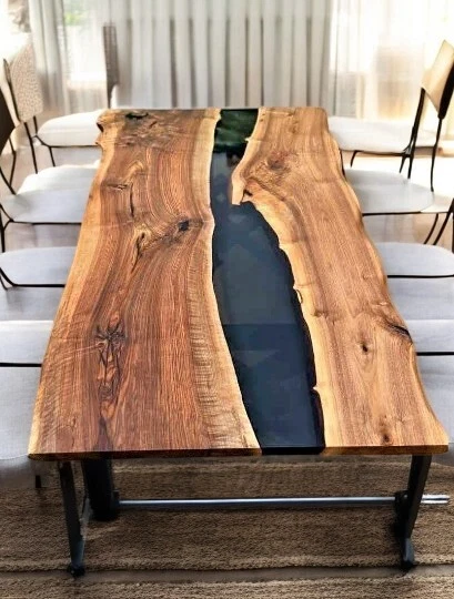Black Epoxy Resin Dining Table Top Acacia Wooden Made to Order with Iron Stand - Image 1 of 4