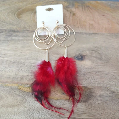 Mia Fashion Earring Dangle Drop Faux Feather Red Boho Y2K Indie - Image 1 of 4