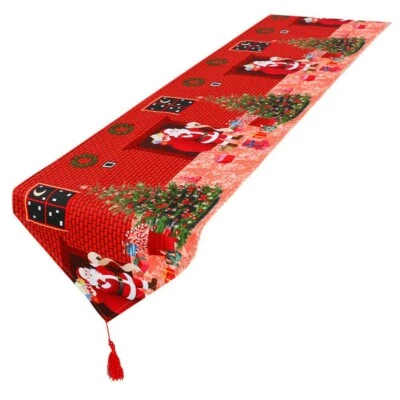 Christmas Table Runner Floral Tassel Tablecloth Party Home Decor Santa Print - Image 1 of 4