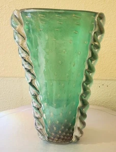 Vaso vintage in vetro verde Barovier Corondato D'Oro, 9,8" - Foto 1 di 4