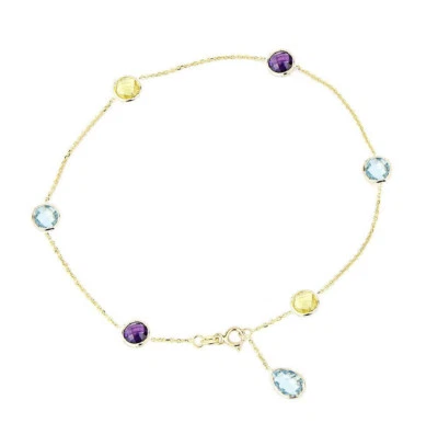 Tobillera de oro amarillo de 14K con topacio, amatista y topacio azul gota 10,5 pulgadas Foto 1 de 2