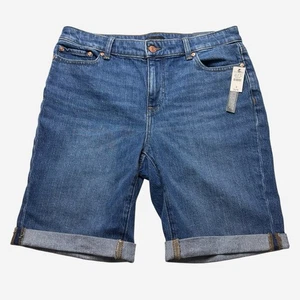 Talbots Girlfriend Denim Shorts Size 8 Rye Wash 9” Mid Rise Blue Stretch Cuffed - Picture 1 of 8
